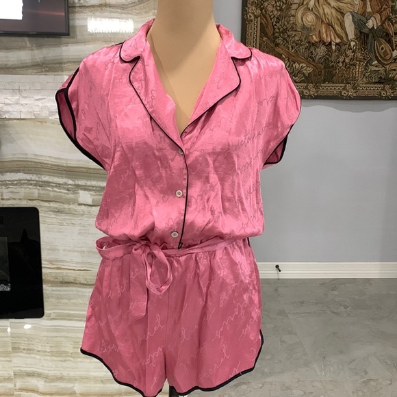 Victorias Secret’s Sleepwear Short Romper. Pink Black Trim. Size S - Picture 2 of 8